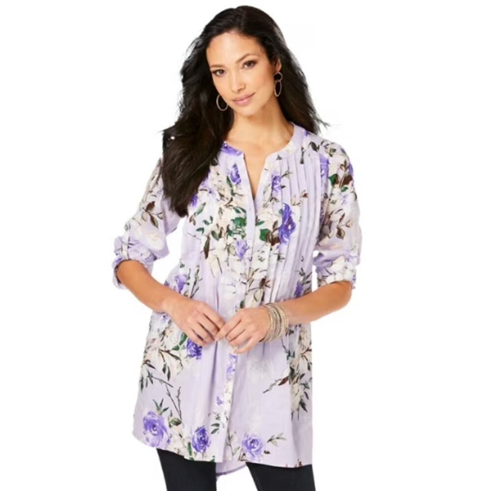 Roaman's Size 26W Purple Floral Pintuck Roll-Tab Sleeves Button-Up Tunic Top